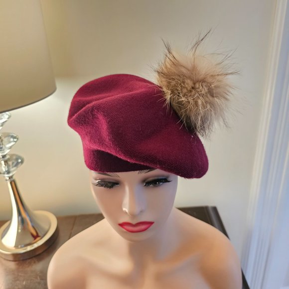Plum Tam Hat--With Real Fur - Picture 3 of 4